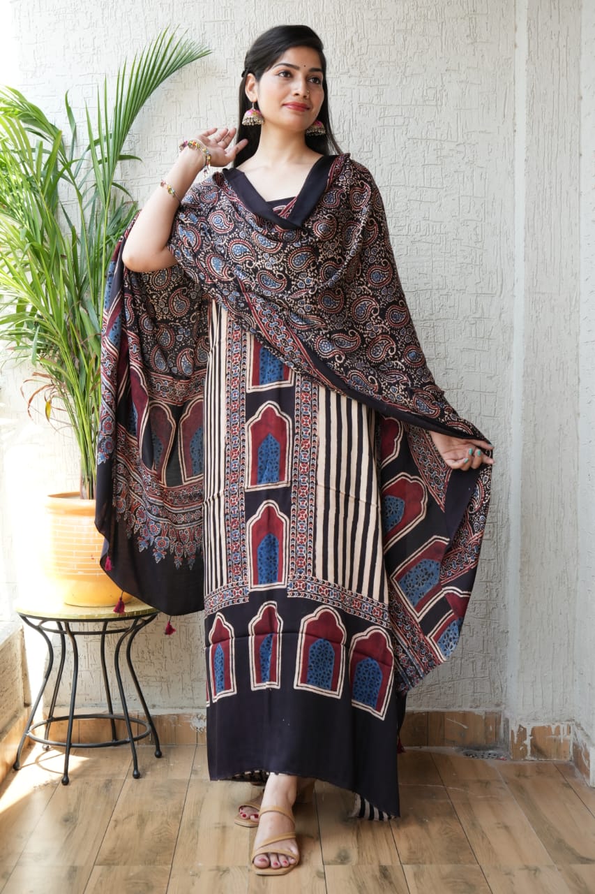 Ajrakh handblock printed modal dress material with black panel design – wholesale artisan fabric